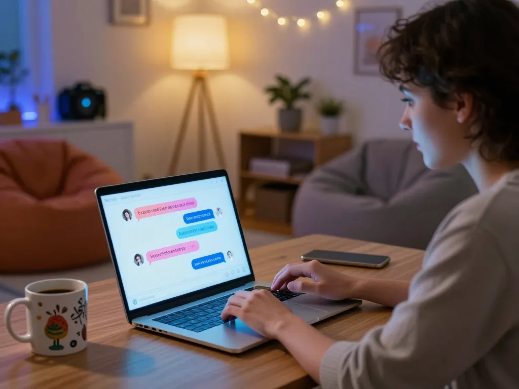 Engaging in AI NSFW chat with colorful interactive interface in modern home office setting.