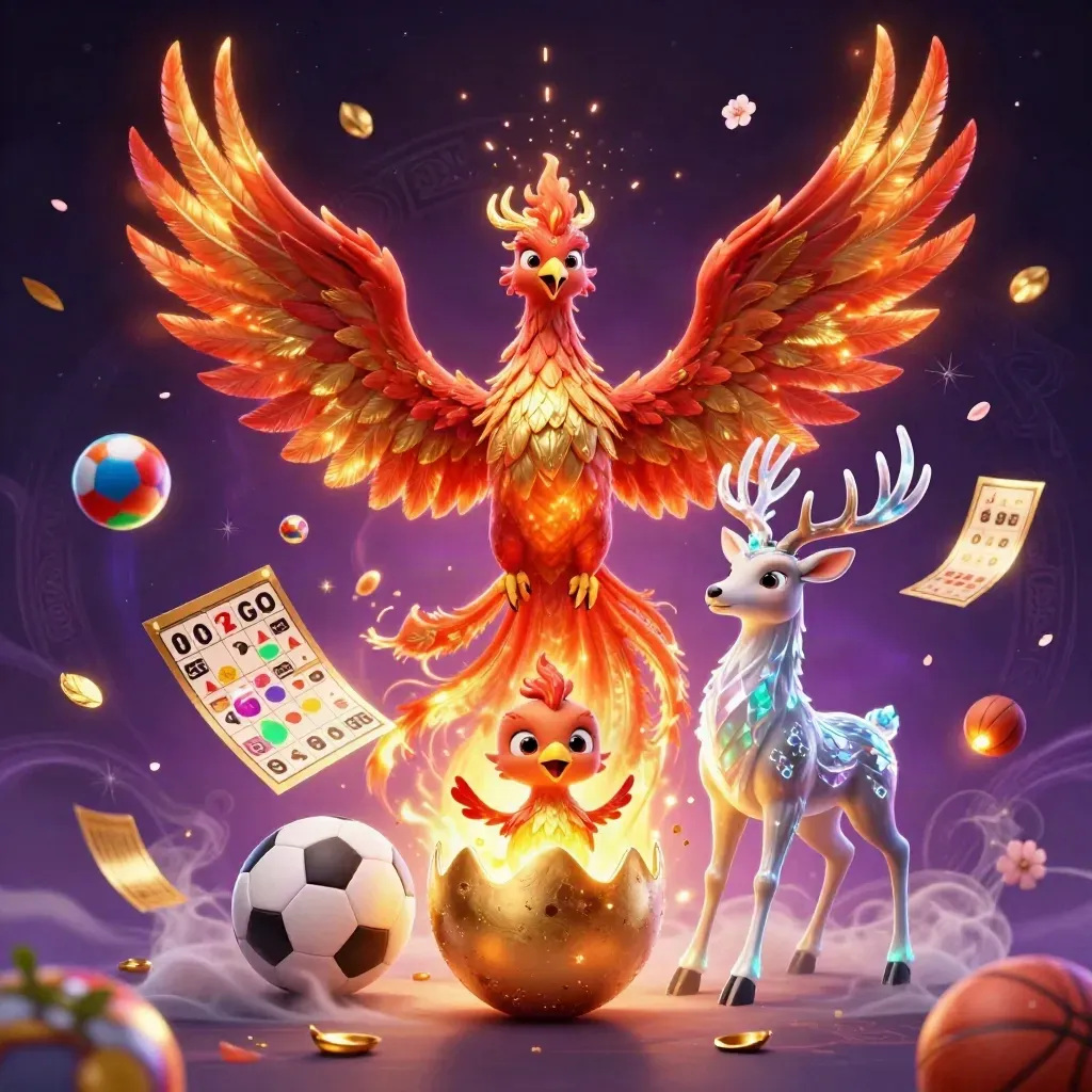 Phoenix, stag and casino props explode in gold magic against a dark cosmic background.