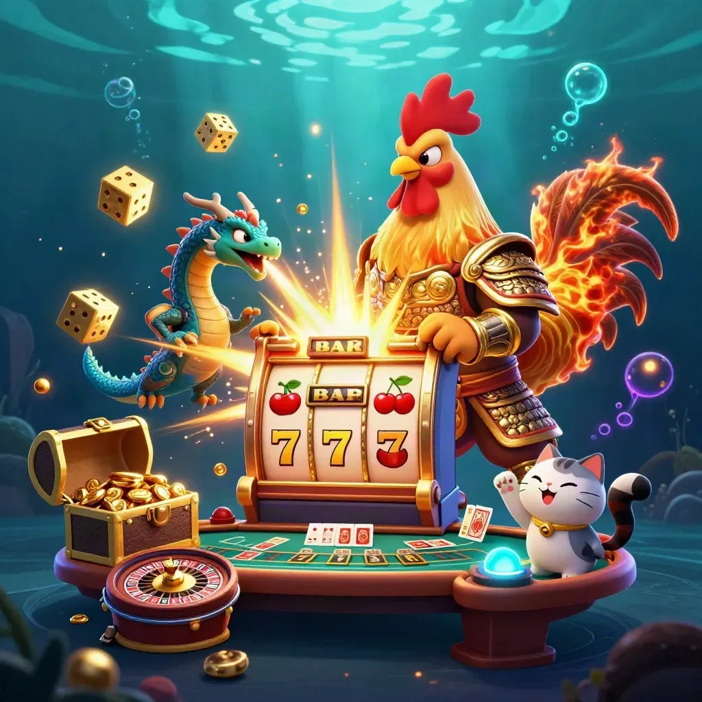 Rooster warrior, dragon hatchling, and fortune-cat amid exploding casino loot underwater.