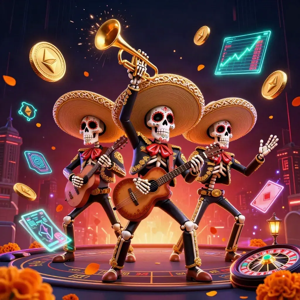 Three Day-of-the-Dead skeleton mariachi performers amid casino energy, coins, lightning, and neon glow.
