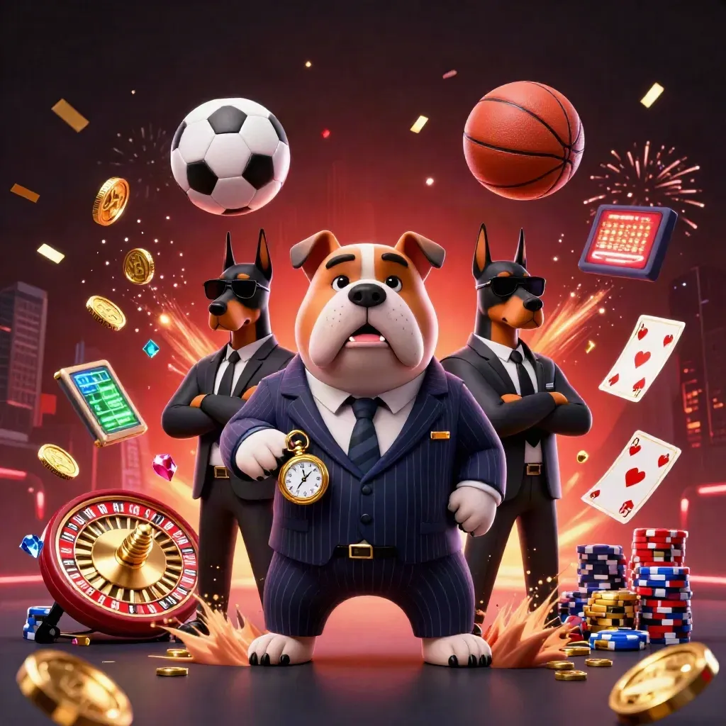 Bulldog mob boss and Dobermans amid flying casino chips, coins, and sports balls in neon luxe.