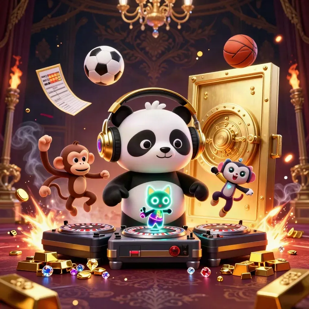 Panda DJ, monkey, and glow kitten amid gold vault, balls, and casino sparkle