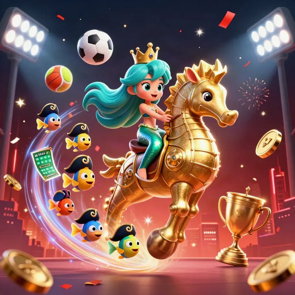 Mermaid princess on armored seahorse amid flying sports balls, coins and casino sparks