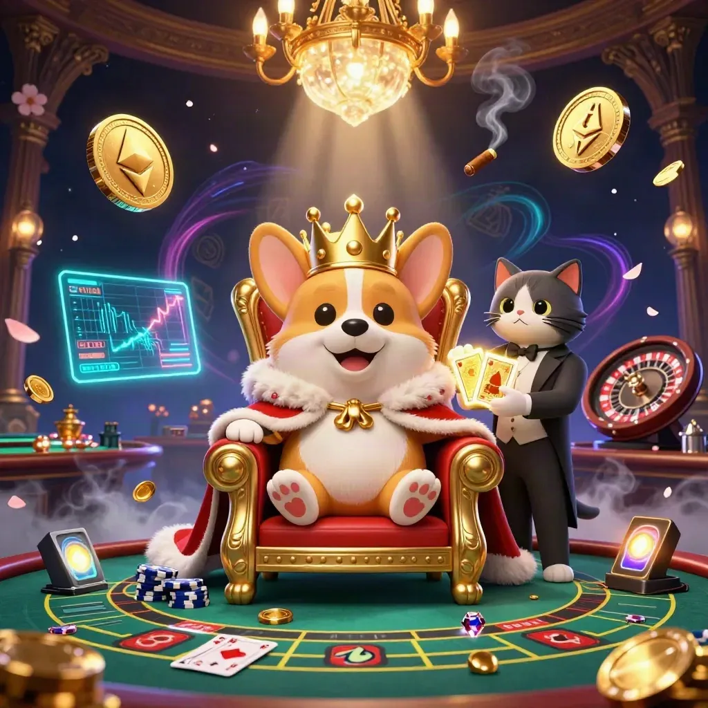 Corgi king and cat butler in a neon casino room with spinning roulette and crypto effects.