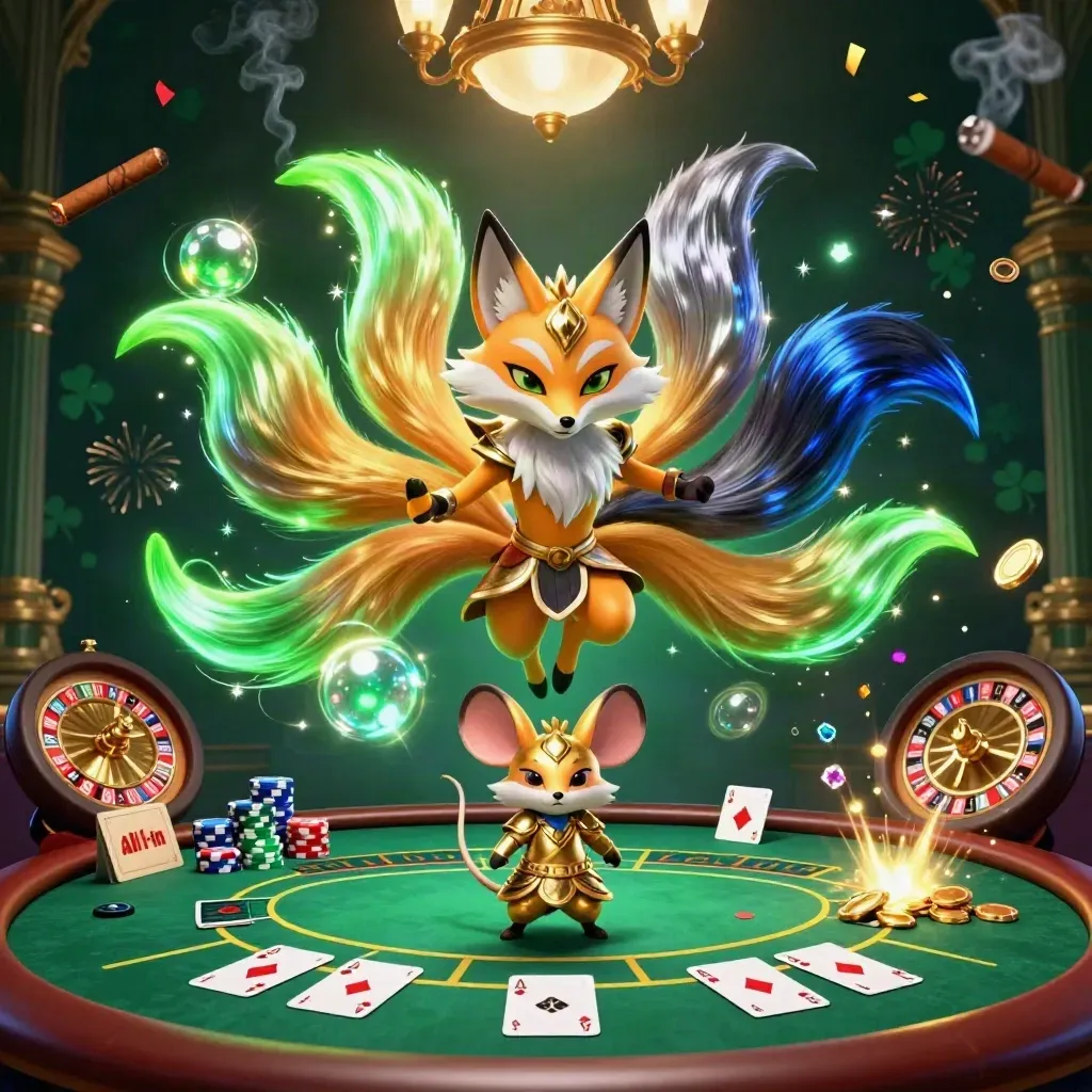 Neon fox spirit and gold-armored mouse amid casino cards, chips, roulette glow, confetti, and sparks