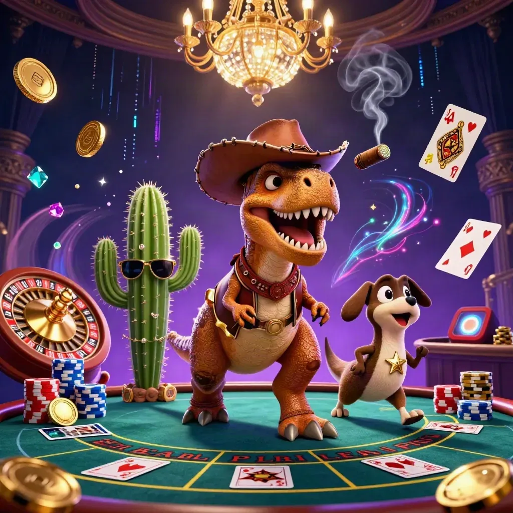 Cowboy T-Rex, cactus, and roadrunner amid casino coins, gems, and a spinning roulette wheel