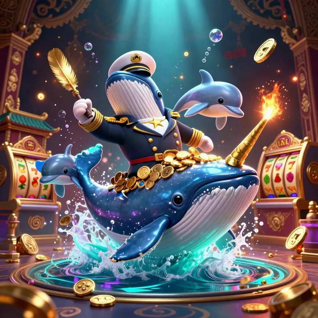Whale captain, narwhal, and dolphins burst through coins with casino treasure and glowing effects.