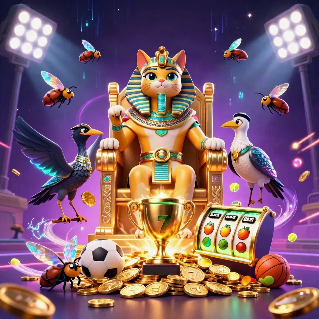 Pharaoh cat, ibis scribe, and gem-winged scarabs amid coins, balls, trophy, neon bolts, and casino glow.