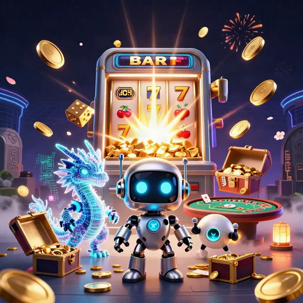 Cyberpunk robot, holographic dragon, and coin drone amid a jackpot burst with casino symbols and gold