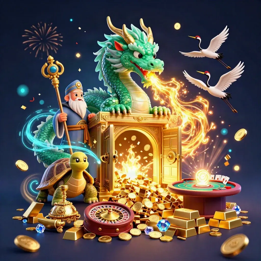 Dragon, turtle sage, and cranes amid vault riches, coins, fireworks, and casino tables.