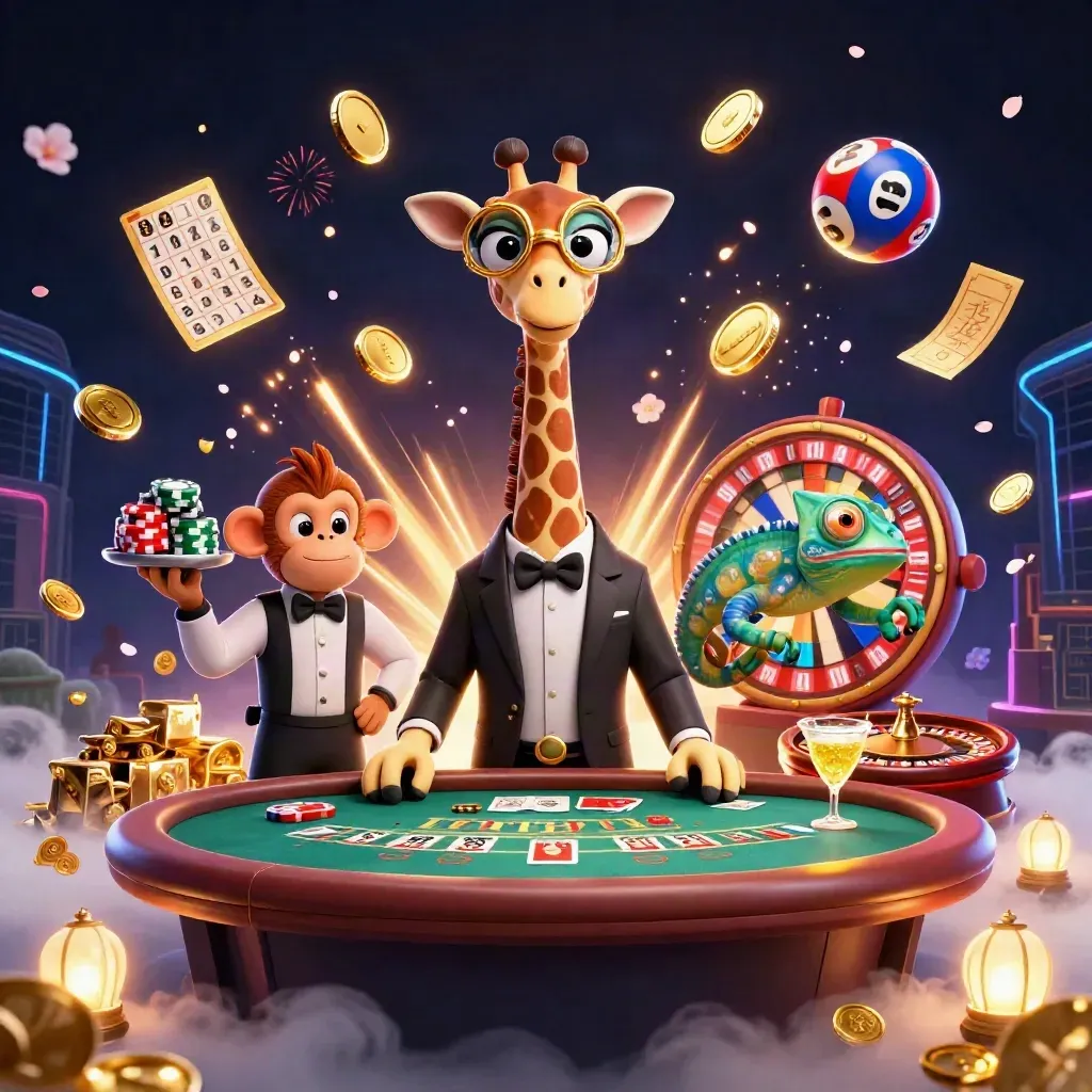 Giraffe high roller, monkey valet, and chameleon bartender amid coins, fireworks, and casino symbols.