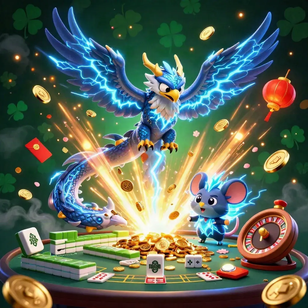 Thunder dragon, hawk, and mouse amid coins, fireworks, lanterns, and casino tables.
