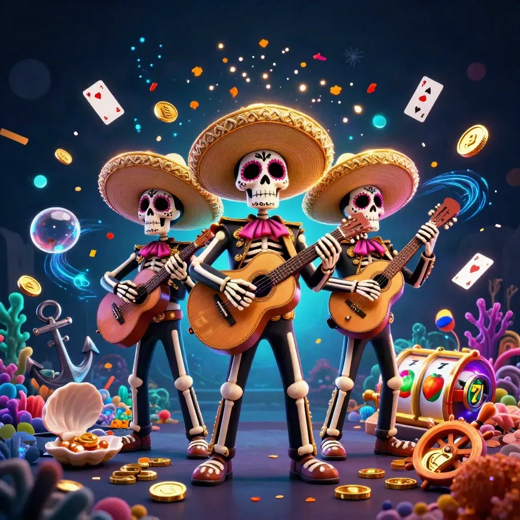 Skeleton mariachi trio amid gold coins, coral, and casino symbols in a dark luxe neon frame.