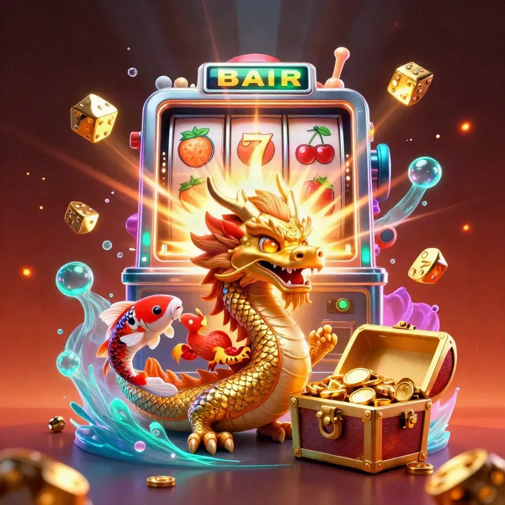 Golden dragon, phoenix, and koi with slot machine bursts and treasure in a luxe casino splash scene.