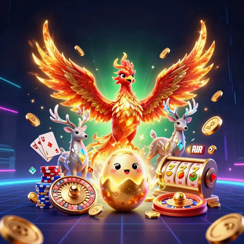 Phoenix, baby hatchling, and crystalline stag amid casino coins, cards, reels, and neon energy.