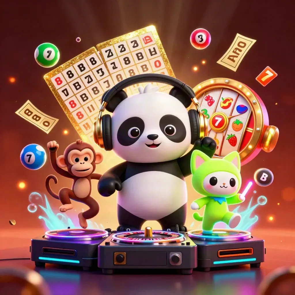 Panda DJ, monkey and glow-stick kitten amid casino reels, lottery balls and neon embers